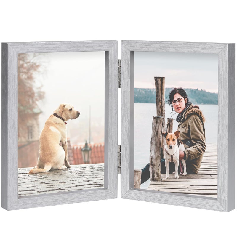 Forev 3.5x5 Double Picture Frame Wooden Hinged Photo Frame Definition Glass Stand Vertically on Desktop or Tabletop Silver - Image 1